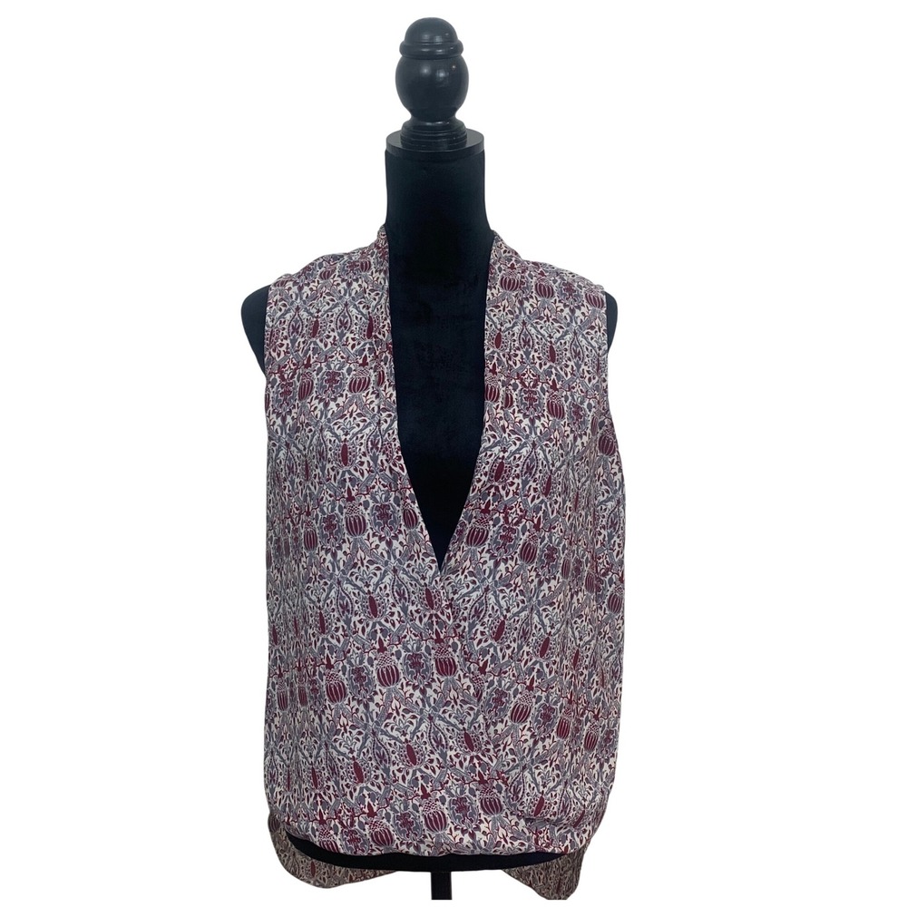 Max Studio Womens Burgundy Floral Damask Drape Front Sleeveless Blouse